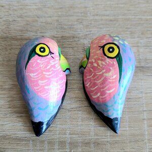 Vintage large wooden hand painted parrots earrings. Whimsical jewelry.